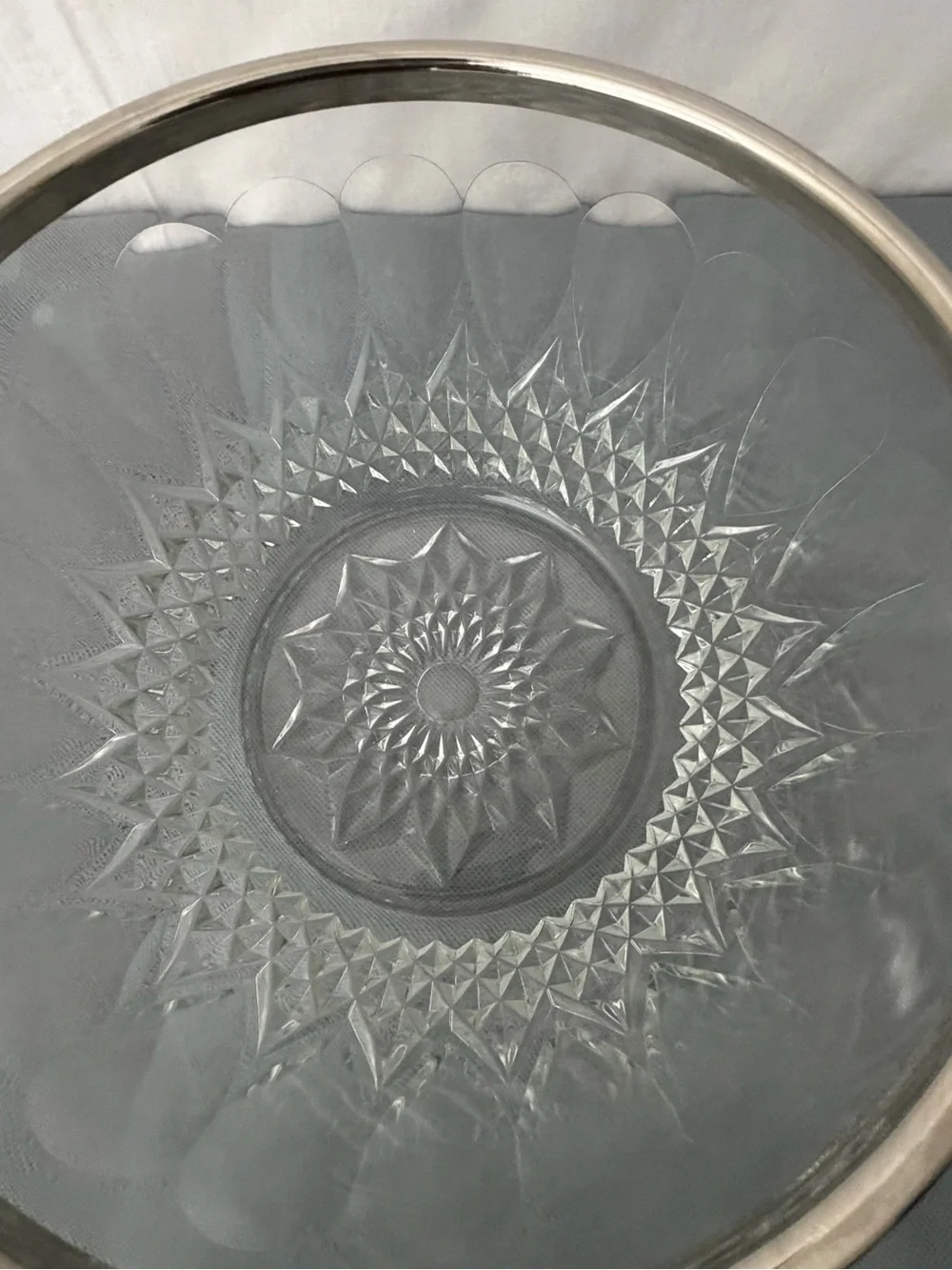 Crystal Glass Bowl with Silver Rim Cut Glass Vintage (F244)